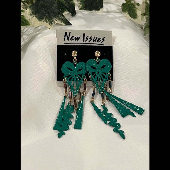Vintage Teal Statement green Earrings - Retro Dangle "New Issues" Bold 80s Style - Picture 2 of 5